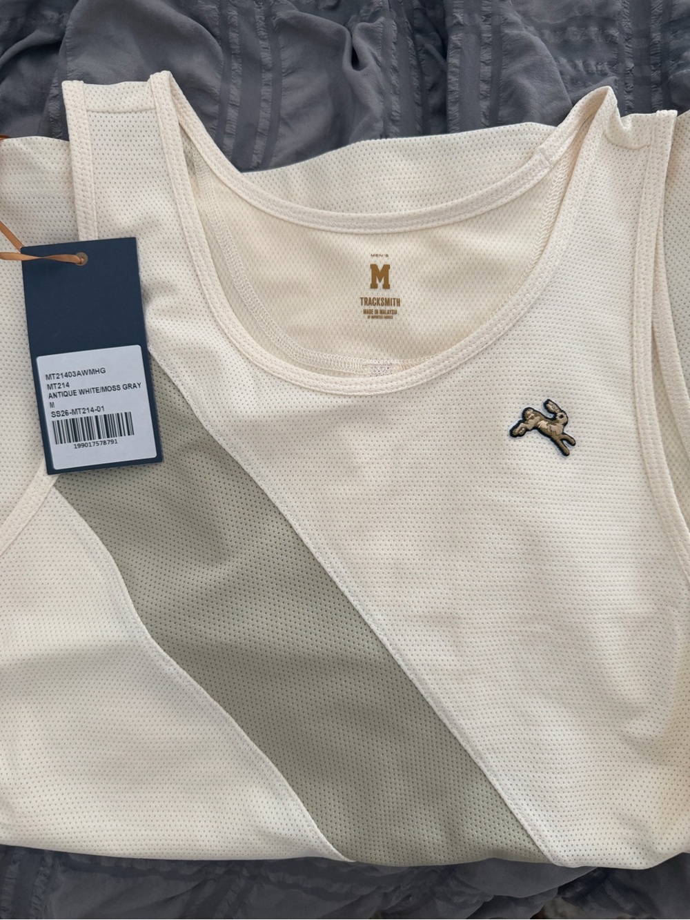 Tracksmith Antique White Mesh Running Tank with Hare Logo